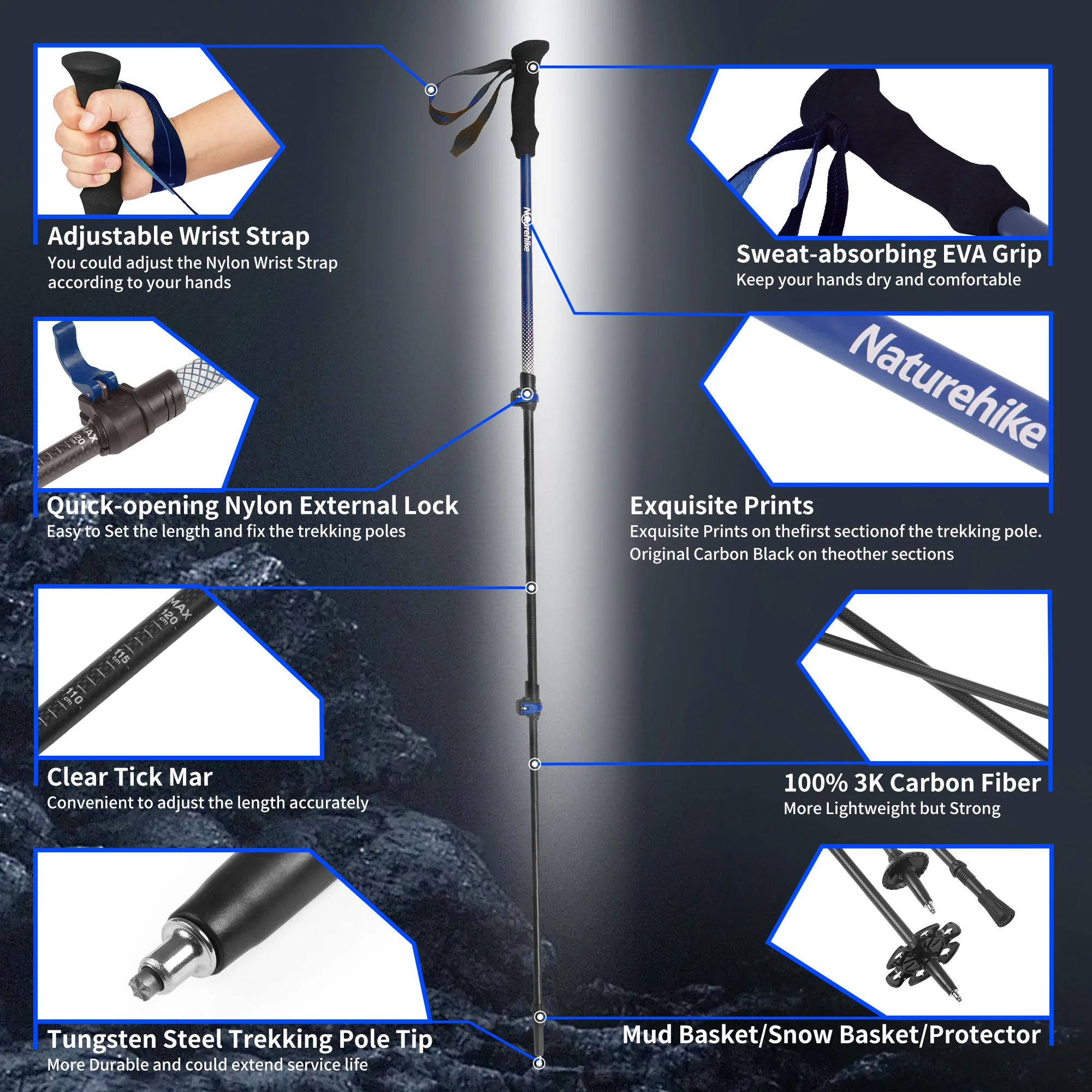 Naturehike Light Wind ULTRA LIGHT Carbon Fiber Trekking Pole (62-135cm) - Image 3