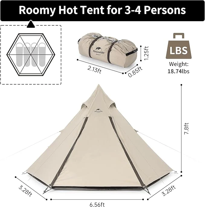 Naturehike Pyramid Tipi Tent 3 to 4 Person Waterproof Windproof Easy Setup Camping Shelter - Image 2