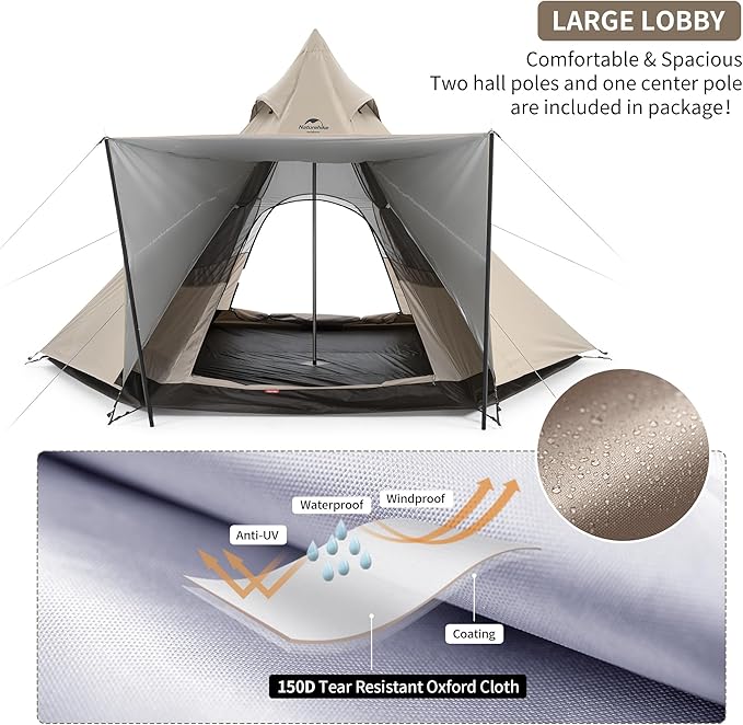 Naturehike Pyramid Tipi Tent 3 to 4 Person Waterproof Windproof Easy Setup Camping Shelter - Image 4